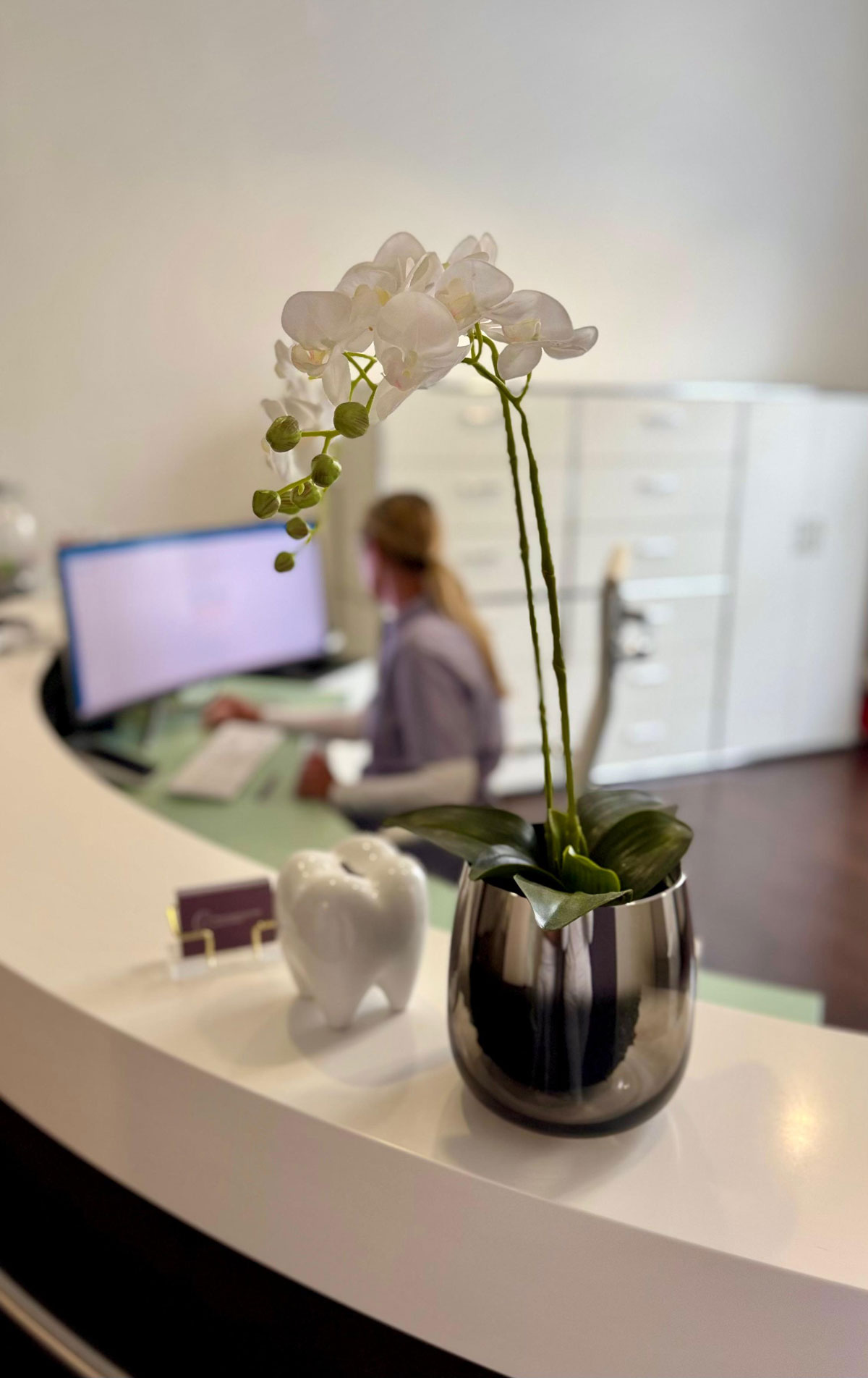 Weisse Orchidee im silbernen Topf am Empfang einer Zahnarztpraxis
